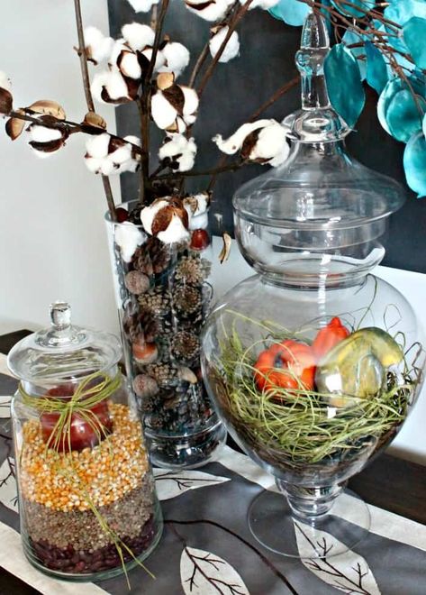 Large Apothecary Jars Decor, Fall Apothecary Jars, Jar Filler Ideas, Apothecary Ideas, Jar Decorating Ideas, Apothecary Jar Ideas, Halloween Apothecary Jars, Apothecary Jars Decor, Fall Jars