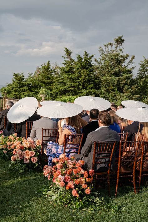 Sun Parasol at Wedding Ceremony Wedding With Parasols, Parasols At Wedding, Parasol Wedding Ceremony, Wedding Parasols Ceremony, Sun Umbrella Wedding, Parasols Wedding, Castle Hill Inn Wedding, Wedding Parasol, Bride Things