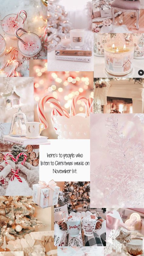 Pink aesthetic coloured Christmas photo collage with quote “here’s to people who listen to Christmas music on November 1st.” Christmas Iphone Wallpapers Aesthetic Collage, Christmas Backgrounds Aesthetic Pink, Christmas Collage Aesthetic Wallpaper, Christmas Pink Aesthetic Wallpaper, Pink Christmas Collage Wallpaper, Cute Christmas Wallpaper Collage, X Mas Wallpaper Aesthetic, Wallpaper Navidad Rosa, Pink November Wallpaper