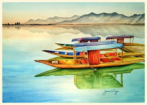 Kashmir Watercolor Painting, Dal Lake Painting, Shikara Boat Kashmir Drawing, Kashmir Drawing, Kashmir Painting, Dal Lake Kashmir, Trip Painting, Boat Sketch, Kashmir Trip