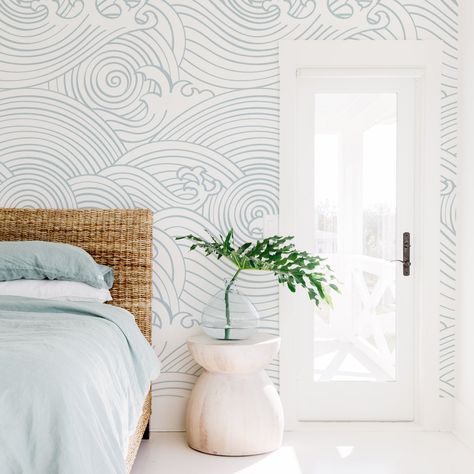 Design a coastal interior with our Ocean Waves Wall Mural. Choose between self adhesive or traditional wallpaper materials! Neutral Nursery Wallpaper, Waves Wall Mural, Retro Coastal, Ocean Mural, Kindergarten Wallpaper, Rain Blue, Coastal Wallpaper, Themed Kids Room, Large Wall Murals