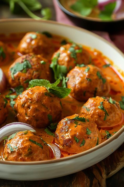 Indian Juicy Chicken Meatball Kofta Recipe - Tasty Cooking Aroma Aesthetic Indian Food, Chicken Kofta Recipe, Chicken Balls Recipe, Indian Food Party, Indian Meatballs, Kofta Meatballs, Lamb Steak, Chicken Kofta, Meatballs Recipes