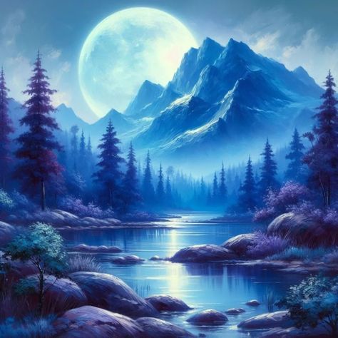 Blue Moon Moon Scenery Painting, Scenery Paintings, Moon Pictures, Moon Painting, Art Inspiration Painting, Blue Moon, Nature Scenes, Nature Wallpaper, Dark Side