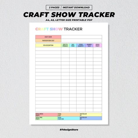 Profit Tracker, Show Tracker, Record Crafts, Sales Tracker, Unique Calendar, Tracker Printable, Craft Show, Printable Crafts, Printable Artwork