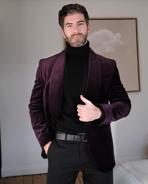 This seasons party wear with @marksandspencer Velvet amethyst violet suit jacket, mirrored black shoes, cashmere roll necks or a silk party shirt. Luxury style and beautiful materials… I just need somewhere to wear it now! #mensfashion #mensstyle #mensoutfit #mensoutfits #party #partywear #partyseason #mensclassic #menwithclass #menwithstyle #grwm #ukfashion Violet Suit Men, High Fashion Men Outfits, Purple Mens Suit, Velvet Jacket Men, Fashion Men Outfits, Wine Outfit, Dapper Gentleman Style, Boyfriend Outfit, High Fashion Men