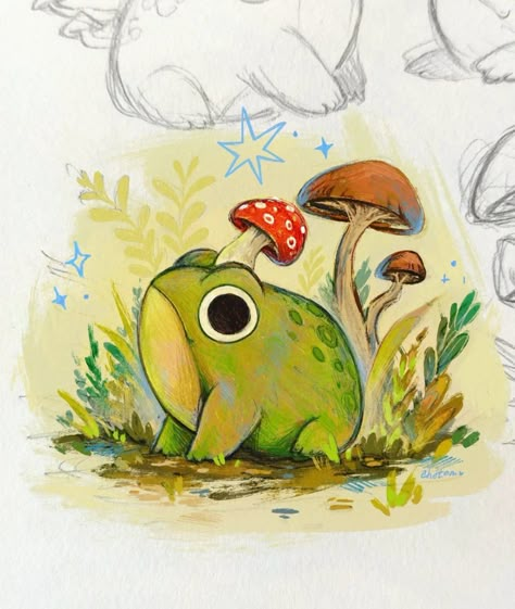 Frog Sketch, Mushroom Frog, Frog Plush, Frog Illustration, Mushroom Drawing, Frog Drawing, Thanks A Lot, Frog Art, Tree Frog