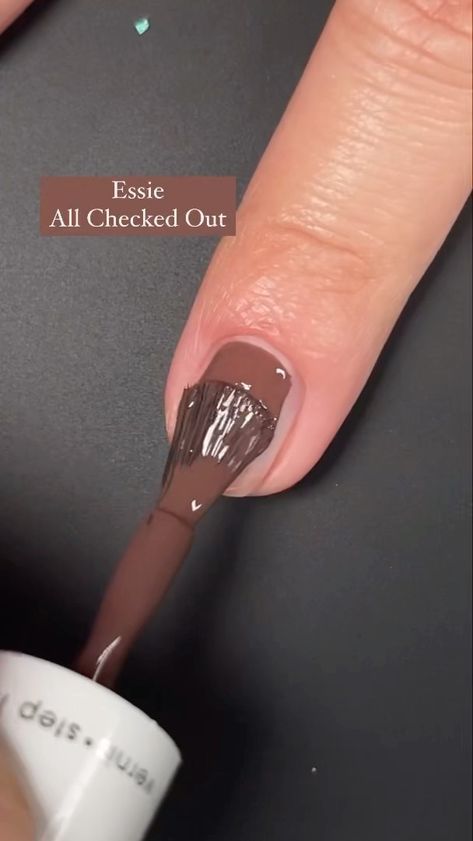 Larissa ⚜️ Nail Account’s Instagram video: “This is @essie’s “All Checked Out” from their Pattern Play Gel Couture Collection. This is described by Essie as a “creamy, raisin-brown…” Essie Gel Couture All Checked Out, Essie All Checked Out, Essie Brown Nail Polish, Nail Colors Essie, Essie Nail Polish Colors, Brown Nail Polish, Essie Gel Couture, Gel Couture, Essie Gel