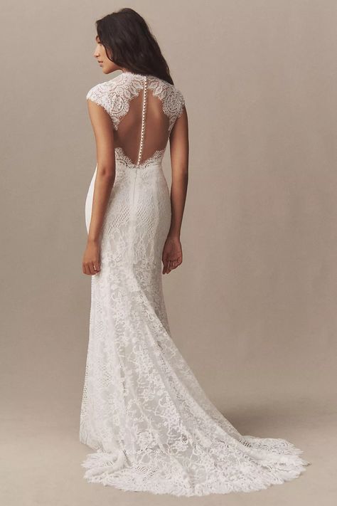 Wtoo by Watters Philomene Lace Cap-Sleeve Wedding Gown | Anthropologie Coastal Wedding Dress, Cap Sleeve Wedding Gown, Chantilly Lace Wedding Dress, Anthropologie Wedding Dress, Wtoo By Watters, By Watters, Short Sleeve Wedding Dress, Bohemian Wedding Dress Lace, Wedding Dress Cap Sleeves