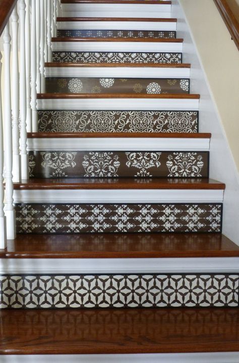 Stair Riser / Alternative to Stair Decals and Stair Stickers / Hand Painted / Baroque Home Decor / F Modern Contemporary Home Decor, Contemporary Rustic Decor, Wallpaper Stairs, Stair Art, Stair Decals, Stair Ideas, Contemporary Decor Living Room, Stair Riser Decals, Abstract Home Decor