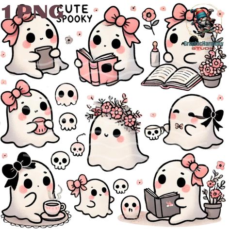 Kawaii Spooky Art, Cute Halloween Crafts For Adults, Cute Ghost Clipart, Halloween Kawaii Drawings, Halloween Cute Art, Cute Ghost Doodles, Ghosts Illustration, Cute Halloween Doodles, Cute Ghost Drawings