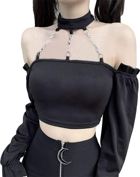 PRICES MAY VARY. Gothic shirts made of 95%polyester and 5%spandex, super soft, comfy, breathable and lightweight. Punk crop tops design for off the shoulder, long sleeve/sleeveless, slim crop tops, buckle tops, basic tee shirt tops, solid color. Designed for goth lover, showcase your unique style with this women's gothic crop tops and make an impression. Suitable for all seasons, you can pair it with skirts, jeans, leggings, shorts, cardigan, coat. Women harajuku punk style shirt is good for streetwear, outdoor activity, rock festival, gothic theme party, beaches, travel, parties,side split, go supermarket, go shopping. Please allow 1-2cm differs due to manual measurement, please refer to our size chart image before ordering. Machine or hand wash with cold water, don't soak, don't dry clea Punk Crop Top, Backless Long Sleeve Top, Black Halter Crop Top, Gothic Crop Tops, Off Shoulder T Shirt, Gothic Tops, Goth Clothing, Rave Outfit, Backless Top