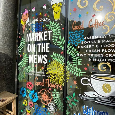 Cafe Window Painting, Nature Window Display, Plant Window Painting, Window Painting Business, Painted Window Display, Storefront Window Painting, Posca Window Art, Restaurant Window Design, Window Painting Ideas