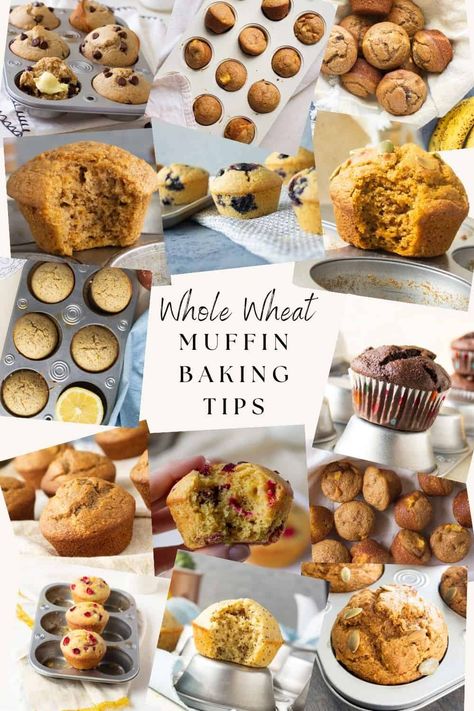 20 tips to help you bake the best whole wheat muffins ever. How to get tall, domed, moist and delicious muffins made with 100% whole wheat flour. Muffins Whole Wheat Flour, Low Sugar Pumpkin Muffins, Low Sugar Banana Muffins, Wheat Muffins, How To Get Tall, Whole Wheat Muffins, Delicious Muffins, Wheat Flower, Peach Muffins