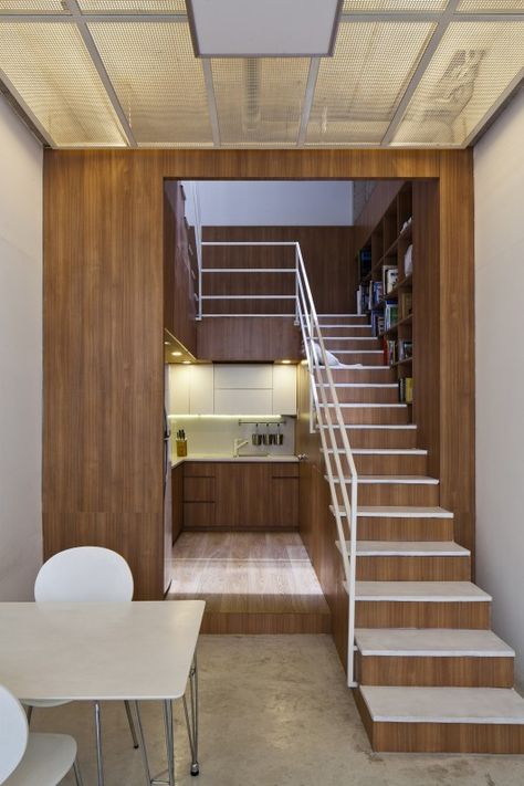 Love how the stairs lead to the bedroom from the kitchen Tiny Loft, Tiny Living Space, Tiny House Interior Design, Compact House, Condo Living, Space Interiors, Tiny House Interior, Tiny House Design, Ho Chi Minh City