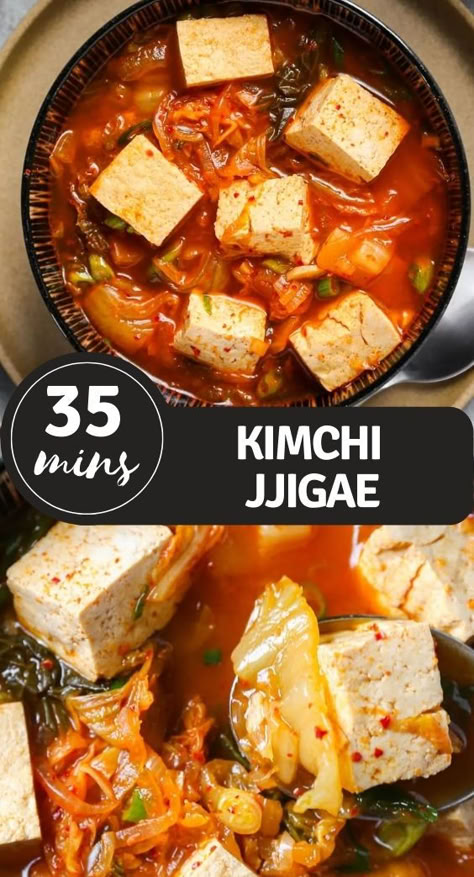 35 minutes is all you need to make this comforting kimchi jjigae. With its salty, savory, and smoky flavors, this classic Korean kimchi stew can be served as a main with a side of rice, or as part of a family style meal. This recipe is meat-free (vegetarian) and can be also be made 100% vegan. Leftover Kimchi Recipe, Meal With Kimchi, Kimchi Wrap, Kimchi And Rice, Kimchi Dinner Ideas, Mild Korean Recipes, Healthy Recipes Korean, Korean Stews, Kimchi Sandwich