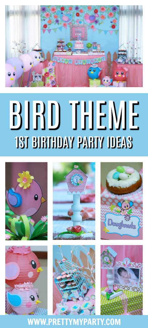 Bird Themed 1st Birthday Party on Pretty My Party #prettymyparty #birdthemedparty #birdparty #birdpartyideas #birdthemed1stbirthday Bird Birthday Party Decorations, Bird 1st Birthday Party, Birdie Birthday Party, Tropical Bird Birthday Party, Bird Themed First Birthday Party, Bird Day Party, Three As A Bird Birthday, Birds Party Theme, Bird Themed Birthday Party Decoration