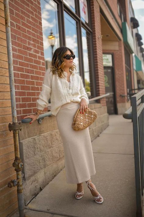 Long Knitted Skirt Outfit, Cream Knit Skirt Outfit, Slip Skirt Outfit Winter, Midi Silk Skirt Outfit, Cream Skirt Outfit, Sunday Attire, Midi Skirt Outfit Winter, Silk Skirt Outfit, Hijab Clothes