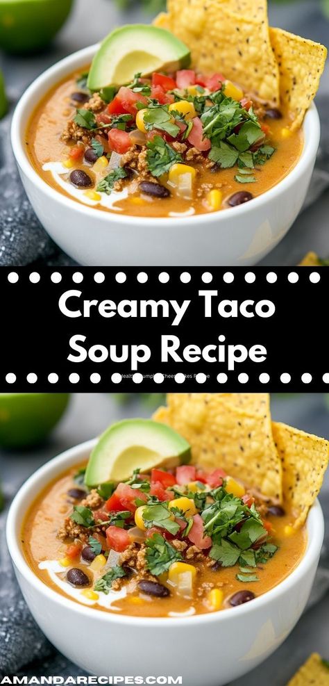 Need soup recipes? This Creamy Taco Soup is a must-try! Perfect for taco soups recipes, it’s a flavorful and comforting soup recipe easy to make for dinner ideas or soup dinner recipes. Creamy Taco Soup Recipe, Soup Dinner Recipes, Creamy Taco Soup, Soup Recipe Easy, Soups Recipes, Comforting Soup, Taco Soup Recipe, College Meals, Lean Beef