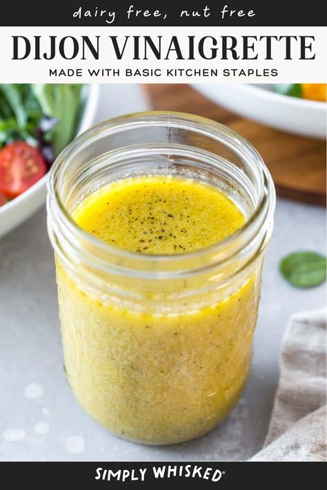 This easy Dijon vinaigrette is my go-to salad dressing and works with virtually any salad you might want to make. It's made with basic kitchen staples that we always have on hand, like Dijon mustard and lemon juice. With just the right amount of tang and bite, it’s great for adding a flavor to your greens or even using as a quick marinade for veggies or meats. Dijon Mustard Dressing, Dijon Vinaigrette Dressing, Mustard Marinade, Mustard Salad, Mustard Salad Dressing, Caesar Dressing Recipe, Italian Dressing Recipes, Dressing Healthy, Homemade Vinaigrette