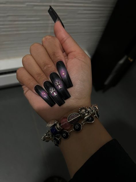 Nails  aura nails long nails Medium Goth Nails, Black Aurora Nails, Black And Pink Aura Nails, Aura Nails Black And Pink, Goth Toe Nails, Black Aura Nails Short, Aura Nails With Charms, Black Red Aura Nails, Aura Nails Black