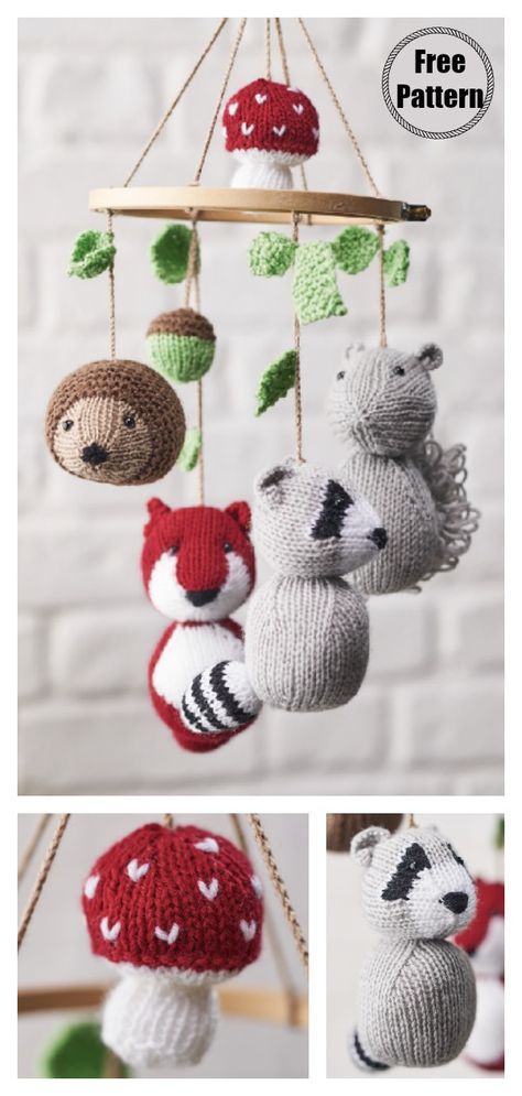 Woodland Tales Animal Baby Mobile Free Knitting Pattern #freeknittingpattern  #knittingtoy  #babymobile Animal Mobile, Animal Knitting, Knitting Terms, Baby Mobil, Animal Knitting Patterns, Bonnet Crochet, Knitting Patterns Toys, Knitted Animals, Yarn Store