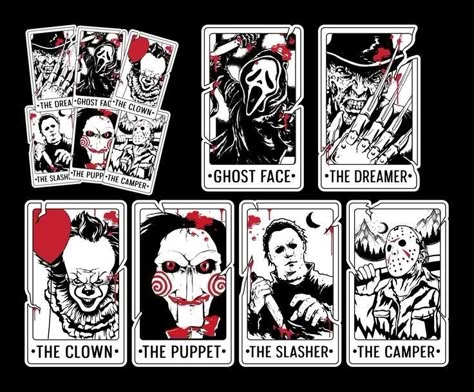 Horror Movie Tarot Card Tattoo, Horror Movie Slashers Art, Horror Movie Tarot Cards, Horror Tarot Cards, Horror Movie Stickers, Tarot Card Stickers, Stickers Single, Horror Stickers, Horror Movie Tattoos