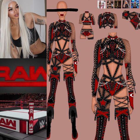 Wwe Womens Outfits Ideas, Wwe Oc Outfits, Wwe Gear Drawings, Wwe Female Wrestlers Outfits Ideas, Wwe Inspired Outfits, Ring Gear Wrestling, Female Wrestling Outfits, Wrestling Outfits Womens Ideas, Wwe Costumes Women