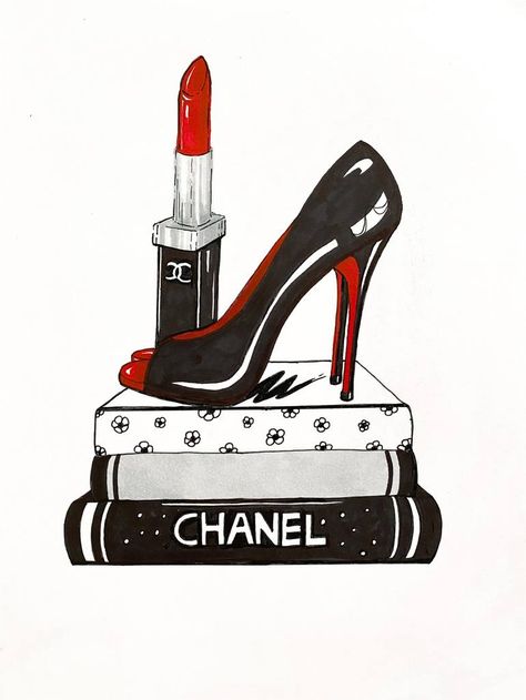 Original Art Marker/Pencil Drawing, measuring: 21W x 29.5H x 0.1D cm, by: Kristina Malashchenko (Cyprus). Styles: Fine Art, Illustration, Pop Art, Art Deco, Modern. Subject: Fashion. Keywords: Vogue Style, Books, High Heels, Glamour, Chanel, Couture, Louboutins, Red Lipstick, Fashion, Red And Black, Boudoir, Stylish. This Marker/Pencil Drawing is one of a kind and once sold will no longer be available to purchase. Buy art at Saatchi Art. Art Inspiration Fashion, Chanel Fashion Illustration, High Heels Sketch, Fashion Painting Canvas, Chanel Clipart, Chanel Drawing, High Heels Drawing, Drawing Heels, High Heel Art