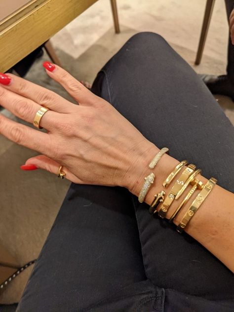 Cartier Panthere Bracelet, Just En Clou Bracelet, Gold Stacked Bracelets, Cartier Panther Bracelet, Cartier Love Bracelet Stack, Stacked Bracelets Gold, Cartier Bracelet Stack, Cartier Nail Bracelet, Panther Bracelet