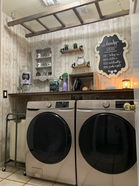 Laundry Room With Angled Ceiling, Ladder Laundry Room, Laundry Ladder, Rustic Farmhouse Laundry Room, Landry Room, Garage Laundry Rooms, Rustic Laundry, Hanging Ladder, Small Laundry Room Makeover