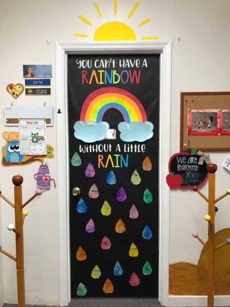 Weather Classroom Door Ideas, Classroom Door Decorations Preschool, Rainbow School Door, Nursery Classroom Door Decoration Ideas, Spring Door Decorations For Preschool, Nursery Door Decorations Classroom, Weather Door Decorations Classroom, Daycare Classroom Door Ideas, Garden Classroom Door