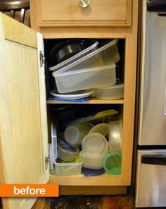 Tupperware Lid Storage Ideas, Plastic Container Storage Ideas, Storing Tupperware Ideas, Organize Food Storage Containers, Travel Trailer Organization Ideas, Trailer Organization Ideas, Organize Food Storage, Organize Plastic Containers, Calm The Chaos