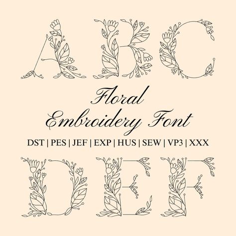 Embellish your New Year's projects with this beautiful floral embroidery font! This A-Z font includes both letters and numbers, perfect for creating personalized greetings, banners, and more.  Instantly download the PES and DST files for easy embroidery.
#holidayfonts #ad Font With Flowers, Floral Alphabet Letters Flower, Flower Font Alphabet, Embroidery Initials Letters, Fancy Lettering Alphabet, Embroidery Fonts Free, Floral Letter Embroidery, Fancy Alphabet Letters, Fonts For Embroidery