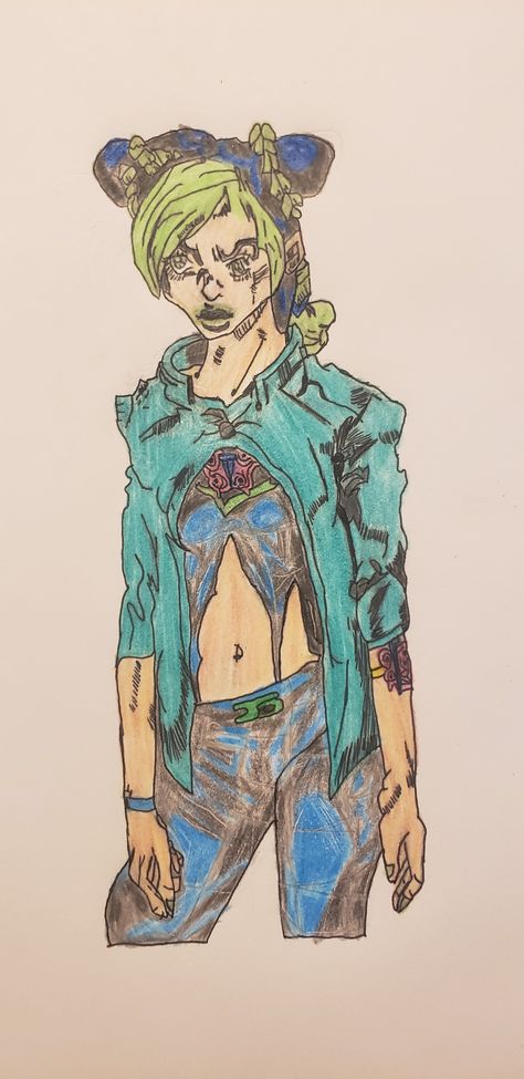 This is the first Jojo's Bizarre Adventure drawing that I've ever done, and it wasn't easy at all. Hopefully, I'll do better on the face on the next JJBA drawing that I'll do. Jojo's Bizarre Adventure Drawing, Jjba Drawing, Jojo Drawing, Adventure Drawing, Jolyne Cujoh, Drawing Easy, Do Better, Jojo Bizarre, Jojo's Bizarre Adventure