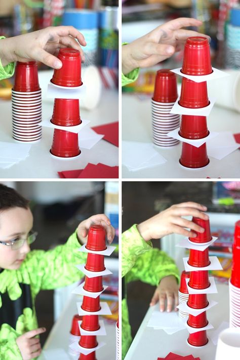 Dr Seuss STEM Challenge Stacking Cup Tower Cat in The Hat Dr Seuss Stem, Oscar Ideas, Simple Stem Activities, Cup Stacking, Church Trunk, Dr Seuss Activities, Dr Seuss Crafts, First Bday, Seuss Crafts