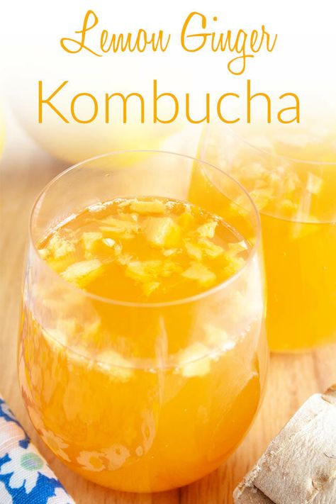 This sweet fizzy Lemon Ginger Kombucha is the perfect refreshing drink to cool you off. It's a great alternative to lemonade. Second Ferment Kombucha, Jun Tea, Ginger Kombucha, Kombucha Recipes, Fermented Drinks, Vegan Drinks Recipes, Healthy Beverages, Homemade Kombucha, Kombucha Recipe