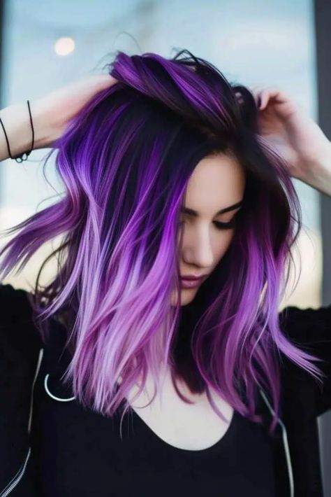 28 Stunning Purple Hair Color Ideas to Refresh Your Look - Luxe Luminous Purple Hair Color Ideas For Long Hair, Bright Colored Hair For Brunettes, Purple Hair With Lavender Highlights, Purple Money Pieces On Dark Hair, Hairstyles Color Purple, Girls Hair Color Ideas, Hair Color Unique Short, Black Pink And Purple Hair, Purple Magenta Hair