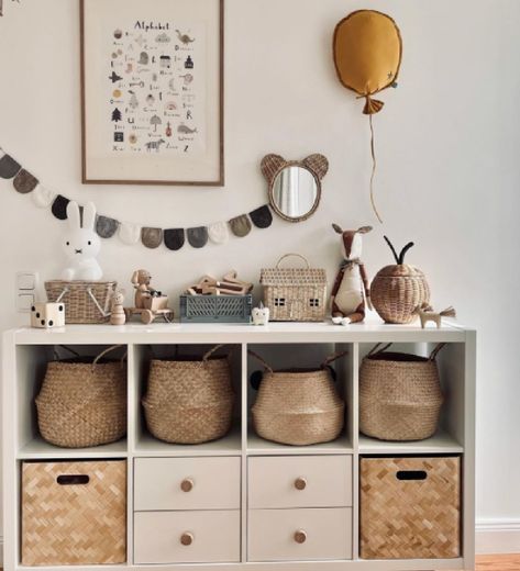 Kallax shelf hack in neutral nursery kids room with belly baskets and Scandi design - @__mamalina__. Ikea Closet Hacks, Kallax Kids Room, Ikea Nursery Hack, Ikea Closet Hack, Ikea Kids Room, Ikea Closet, Kallax Shelf, Best Hacks, Closet Hacks