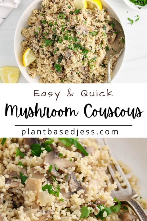 View on a large bowl of mushroom couscous. Couscous Mushroom Recipes, Couscous Mushroom, Vegan Couscous Recipes, Mushroom Couscous, Healthy Fast Meals, Soup And Sides, Healthy Vegan Lunch Ideas, Mushroom Zucchini Recipe, Mushroom Meals