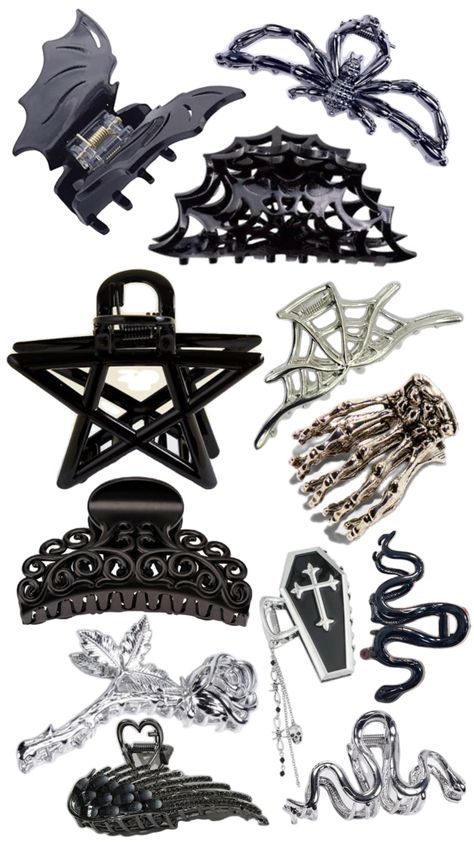 “goth” claw clips, hair accessories, bat, spider, rose, raven/crow, snake, coffin, cross, skeleton hand, bat, wings, web, intricate Goth Music, Goth Hair, Skeleton Hand, Skeleton Hands, Claw Clips, Gothic Jewelry, Claw Clip, Goth Fashion, Bat Wings