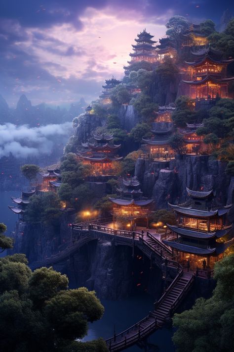 Asian Kingdom Fantasy Art, Mountain Fantasy City, Japanese Fantasy City, Asian Fantasy City, Fantasy Samurai, Asian City, Medieval Japanese, Chinese Places, Medieval Japan