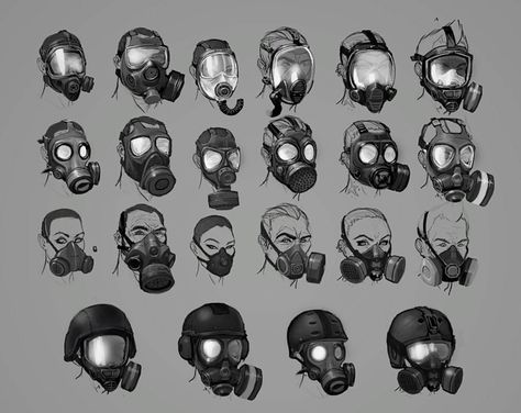 Mask Designs Postapocalyptic Concept Character, Mask Designs Art, Character Mask Ideas, Post Apocalyptic Outfit Concept Art, Gasmask Reference, Post Apocalyptic Art Concept, Character Design Accessories, Human Muzzle Mask Drawing, Gasmask Design