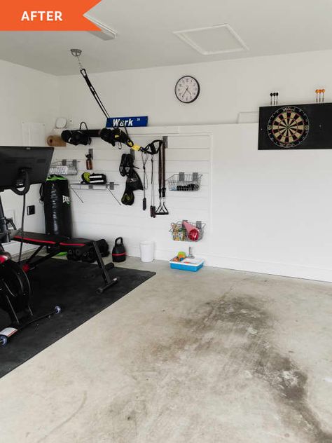 Garage Workout Space, Dart Board Wall, Organized Garage, Table Saw Workbench, Carriage House Garage, Bicycle Storage, Small Town Life, Workout Space, Garage Makeover