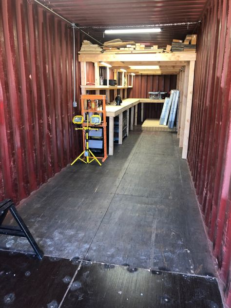 Shipping Container Organization Ideas, Conex Storage Ideas, Backyard Shipping Container Ideas, Sea Can Garage, Sea Container Garage, Shipping Container Woodshop, Shipping Container She Shed Ideas, Shipping Container Organization, Shipping Container Man Cave