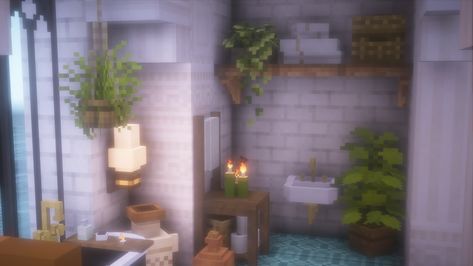 My first ever bathroom in Minecraft! With some new items 😉 #minecraft #minecraftbuild #cottagecoreminecraft Bathroom Minecraft Ideas, Bathroom In Minecraft, Minecraft Bathroom Design, Ru Rô, Minecraft Bathroom, Minecraft L, Minecraft House Decor, Aesthetic Minecraft Builds, Minecraft House Interior