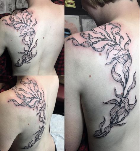 Seaweed Tattoo Simple, Seaweed Tattoo Sleeve, Giant Kelp Tattoo, Sea Kelp Tattoo, Kelp Forest Tattoo, Ocean Shoulder Tattoo, Seaweed Tattoo Design, Sea Life Tattoos For Women, Kelp Tattoo