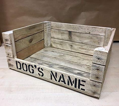 DOG BED: PERSONALISED Wooden Dog Bed - Handmade in UK from Rustic Reclaimed Wood/Apple Crates. FREE DELIVERY : Amazon.co.uk: Handmade Products Home Made Dog Beds, Dog Bedroom Ideas, Wooden Dog Bed Frame, Wooden Dog Beds, Rustic Dog Beds, Under Stairs Dog House, Dog Beds Homemade, Dog Bed Frame, Handmade Dog Beds