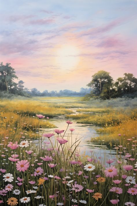 Pictures Of Artwork, Digital Artwork Landscape, Meadow Of Flowers Painting, Ethereal Art Landscape, Morning Landscape Painting, Landscape Pastel Paintings, Pastel Nature Art, Meadow Aesthetic Painting, Flower Garden Watercolor