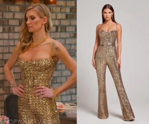 Selling Sunset: Season 7 Episode 10 Nicole's Gold Sequin Jumpsuit Gold Bollywood Set With Sequins, Gold Sequin Evening Sets, Bre Selling Sunset Outfits, Luxury Gold Sequined Set, Gold Sequin Two Piece Set, Gold Sequin Jumpsuit, Sequin Jumpsuit, Gold Sequin, Gold Sequins