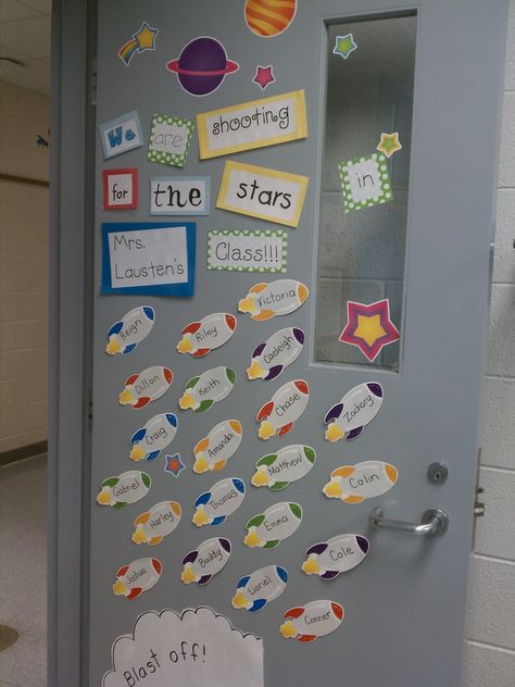 Space Theme Door Decor Classroom, Space Class Decorations, Astronaut Door Decorations Classroom, Space Themed Classroom Transformation, Rocket Ship Classroom Door Space Theme, Star Theme Class Door, Star Themed Classroom, Space Theme Classroom, Stars Classroom